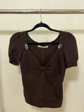 Blumarine Dark Brown Knit Top with Embellished Shoulders